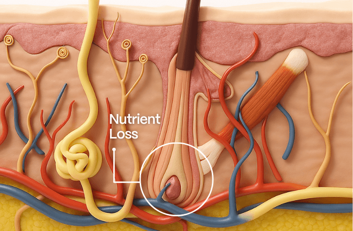 <b>TRIGGER #4: Nutrient Depletion</b><br>System Breakdown: Follicles starve while vital organs get nutrients first