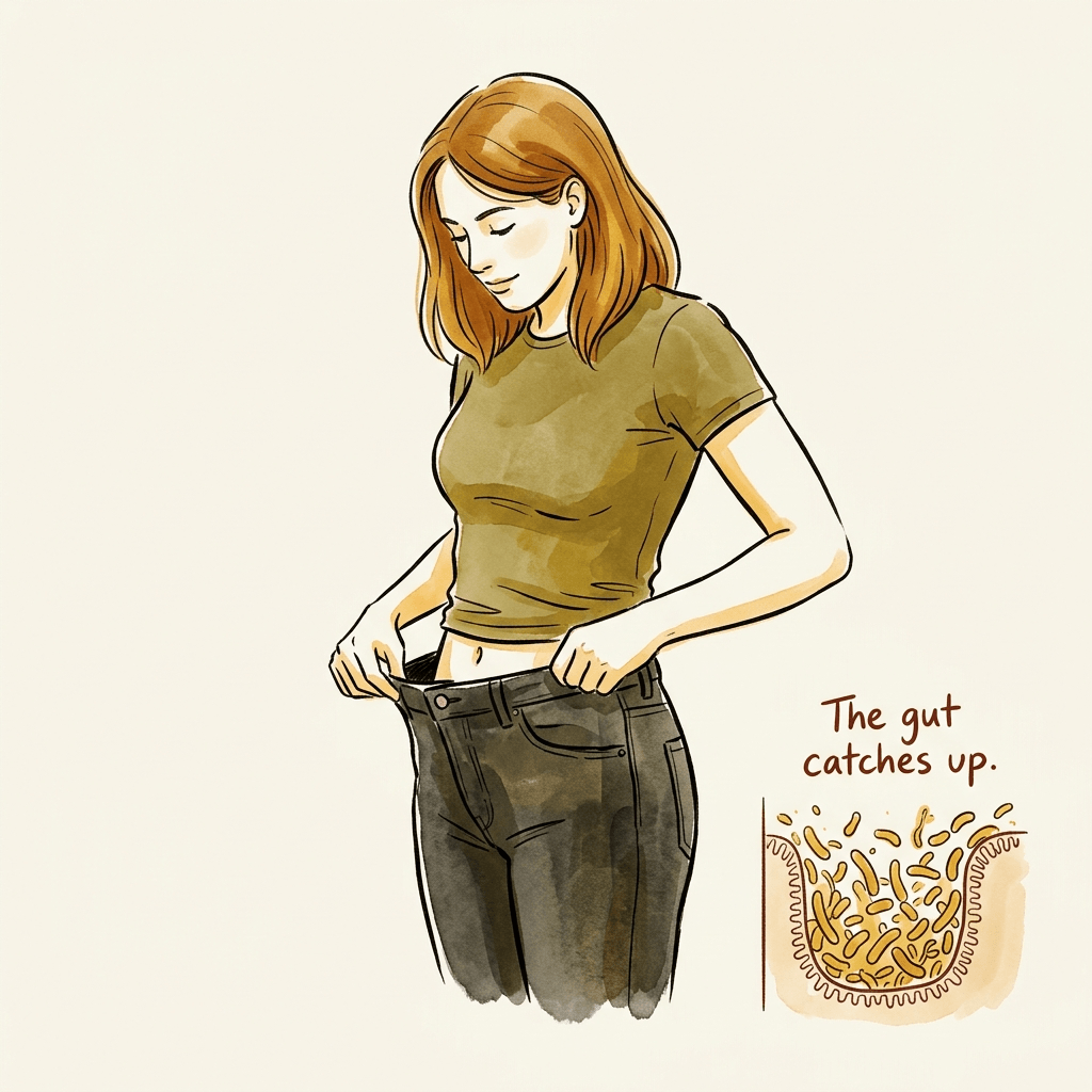 Month 2 — Visible Changes: clothes fitting looser, gut catching up
