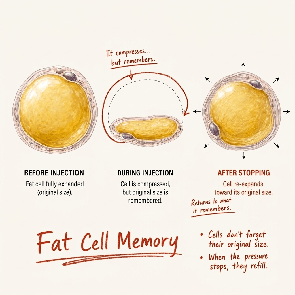 Fat Cell Memory diagram — showing how fat cells compress during GLP-1 injections but remember their original size, then re-expand after stopping